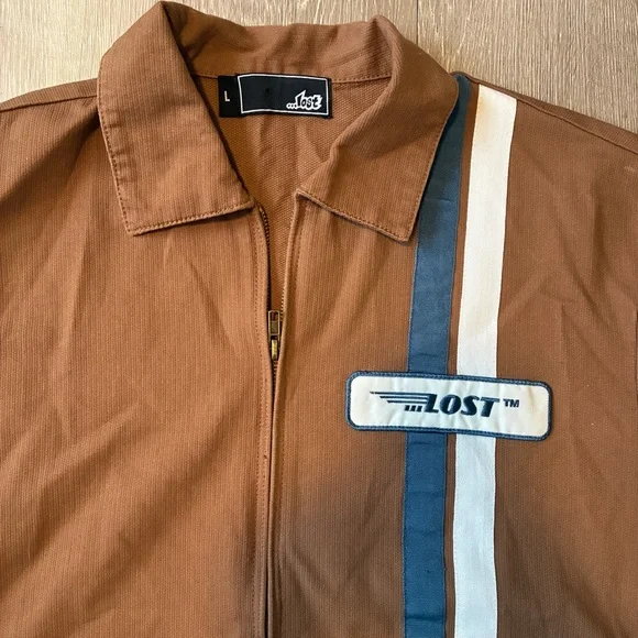 LOST skater boy mechanic zip up shirt shacket Cotton shell jacket brown neutral - Picture 2 of 8